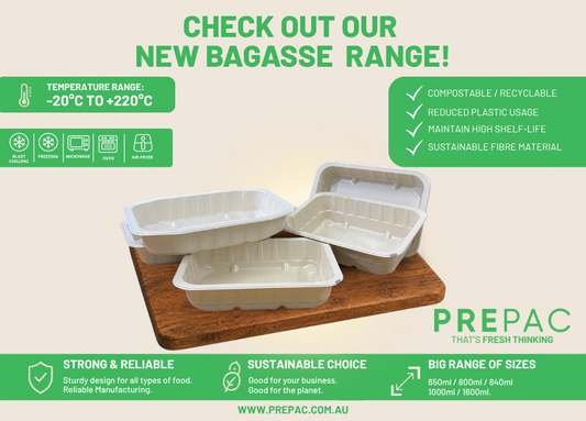 Introducing PREPAC's New Bagasse+Lined Tray Range: Sustainable Packaging Without Compromise